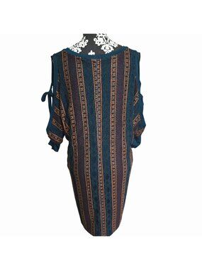 Mystree Teal Cold Shoulder Tunic Dress Lace & Tie Sleeves Small Boho Festival